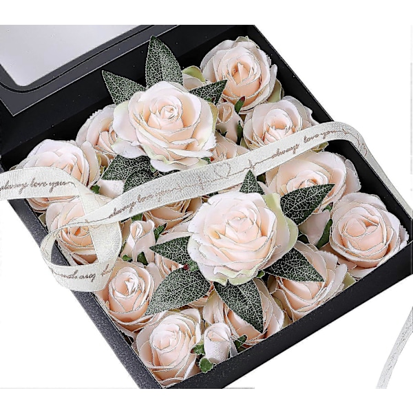 Kunstige roseblomster kombinasjonsbokssett inkluderer peoner, krysantemum, falske blomster, bulkblomsterblad med stilker Champagne