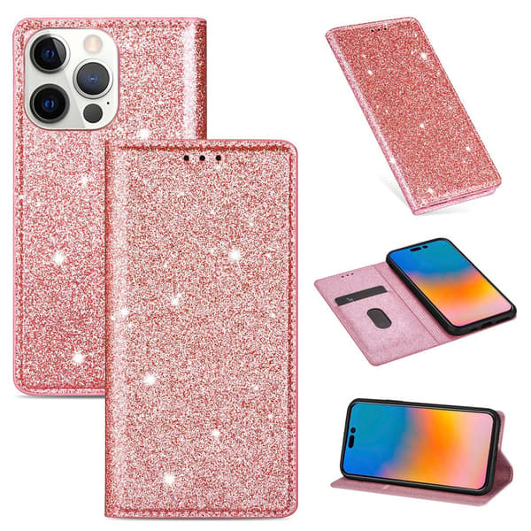 Etui til iPhone 15plus Flash rosaguld glitter Magnetisk Flip Wallet med Kortholder