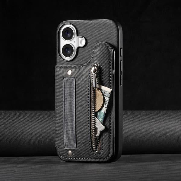 Etui til iPhone 15 Plus sort læder flip kortholder elastisk snor håndledsrem