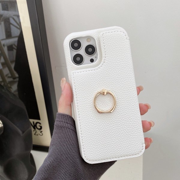 Fodral för iPhone 15 Pro Vit 2-faldig sminkspegel Pebbled Plånbok med Korthållare Skönhetsspegel Crossbody-rem