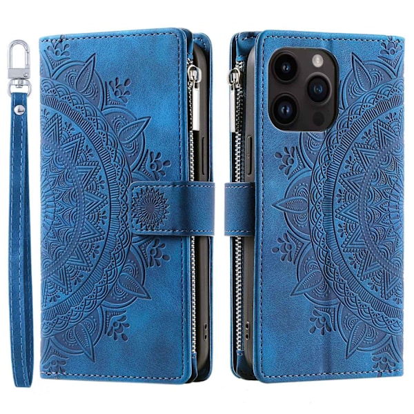 Fodral för iPhone 16 blå Multi-kort dragkedjeväska Mandala 3D Präglad Plånbok med Korthållare