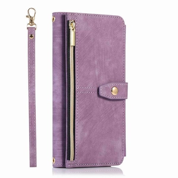 Etui til iPhone 15 Lilla (+ kort snor) Nine-card lynlås Wallet med kortholder