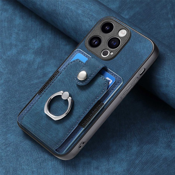 Kotelo iPhone 15 Pro Max siniselle korttipidikkeelle, yksivärinen retro-laitteistorengas, magneettinen autoteline