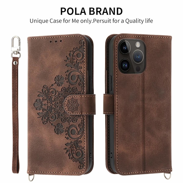 Etui til iPhone 13 6.1 Brun + armbånd Soft-Touch Crossbody Kortholder 3D Præget Magnetisk Tegnebog med Kortholder