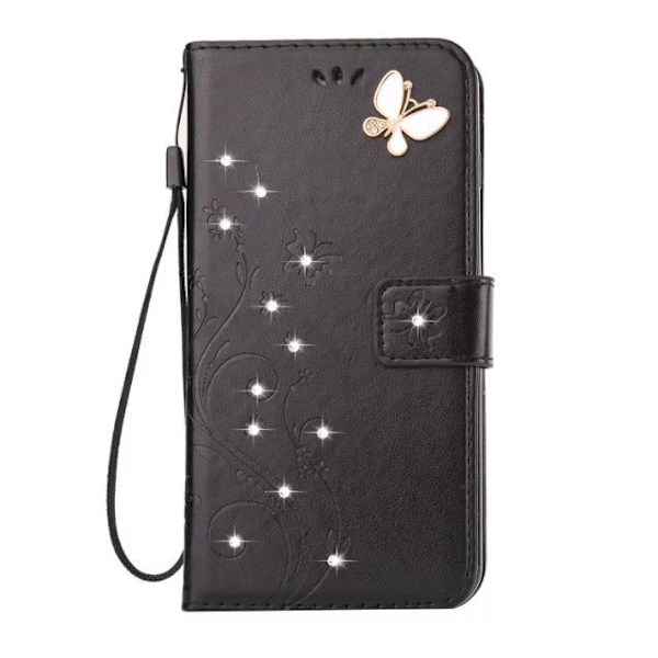 Etui til iPhone 14 sort Butterfly 3D Præget Diamant Wallet med Kortholder