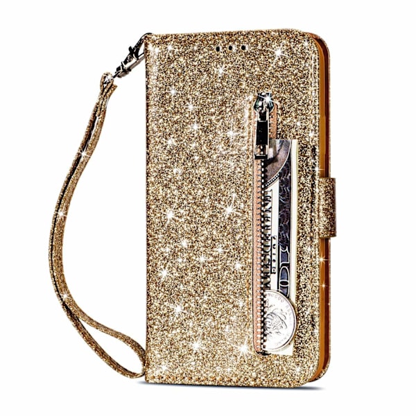 Kotelo iPhone 16:lle, kultainen vetoketjullinen glitterlompakko korttipidikkeellä