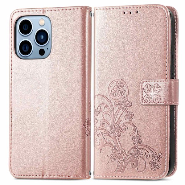 Etui til iPhone 14 Rosaguld Firkløver 3D Præget Flip Wallet med Kortholder