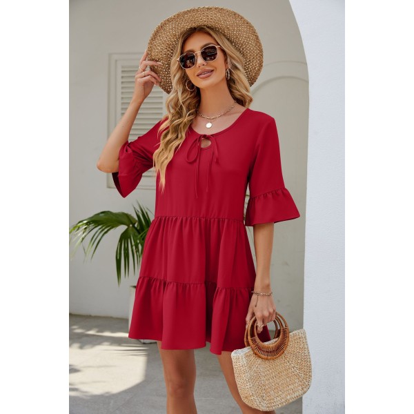 Veckad volang med kort ärm Spetsklänning A-linje Kjol Sundress Pink L c5ff  | Pink | L | Fyndiq