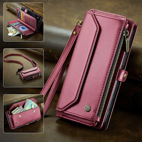 iPhone 13 Pro punainen crossbody-vetoketjullinen lompakkokotelo korttipidikkeellä ja läpällä
