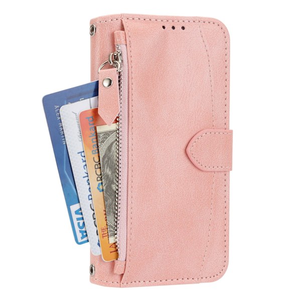 Etui til iPhone 14 6.1 pink Lynlås Pung med Kortholder Retro Kortholder på lager