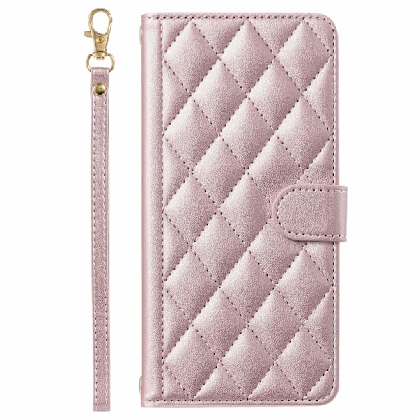 Kotelo iPhone 16PRO ruusukultainen [lyhyellä narulla] ins Käännettävä lompakko korttipidikkeellä ja crossbody-hihnalla