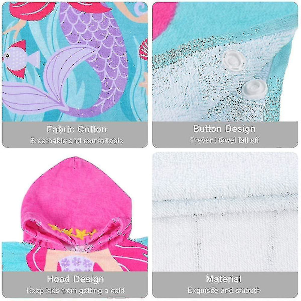 Flickor Barn Huvförsedd Sjöjungfru Badhandduk, 100% Bomull Snabbtorkande Absorberande Mjuk Strandhandduk, Blå Lila Rosa 58,4 x 61 cm