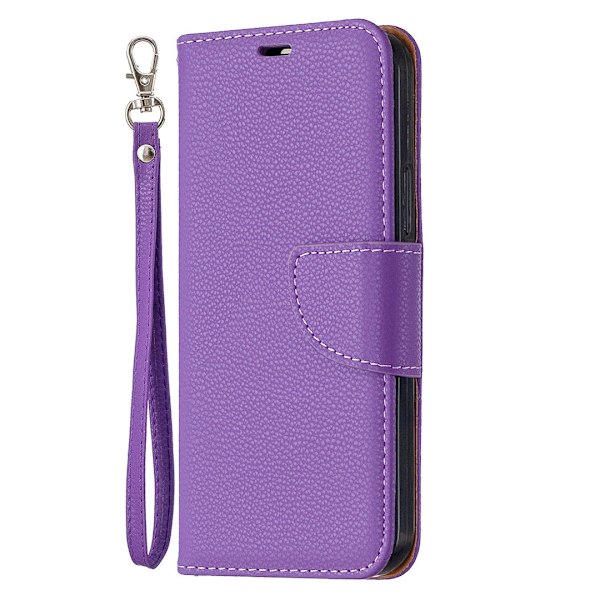 Etui til iPhone 15plus Lilla Pebbled Almindelig Flip Wallet med Kortholderrem