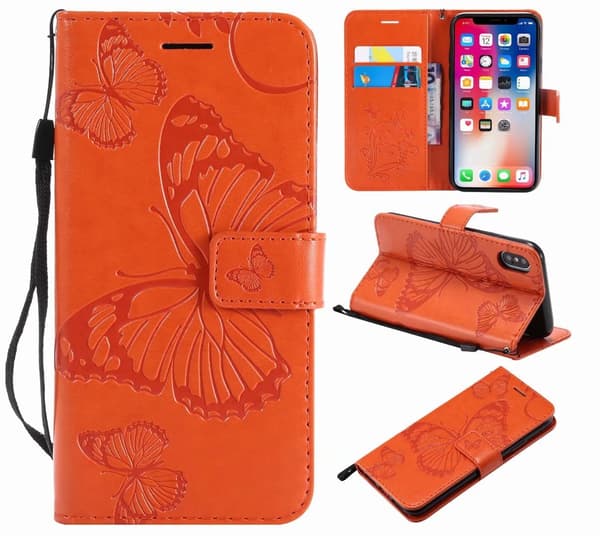 Etui til iPhone 15 Pro orange farve 3D Præget Sommerfugl Præget Tegnebog med Kortholder Flip