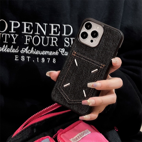 Etui til iPhone 15 Denim-kortslot sort Denim-pung med kortholder Læder i fuld krop Hård tekstur