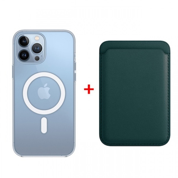 Skal för iPhone 13 Pro Transparent magnetiskt skal + magnetisk korthållare grön Magnetisk transparent läder Magnetisk korthållare