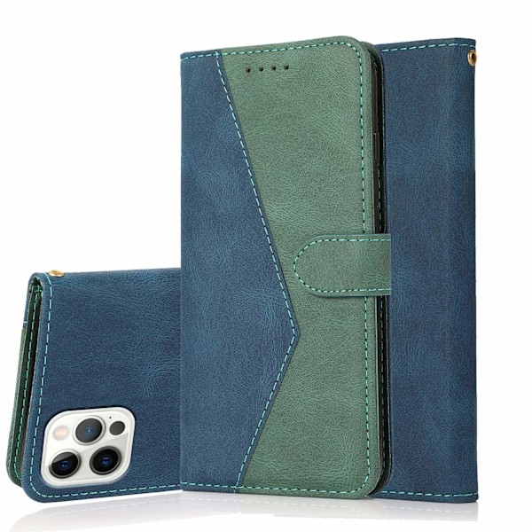 Fodral för iPhone 13mini Blå + Grön Blandade Material Flip Plånbok med Korthållare Kontrastfärg Plånbok med Korthållare
