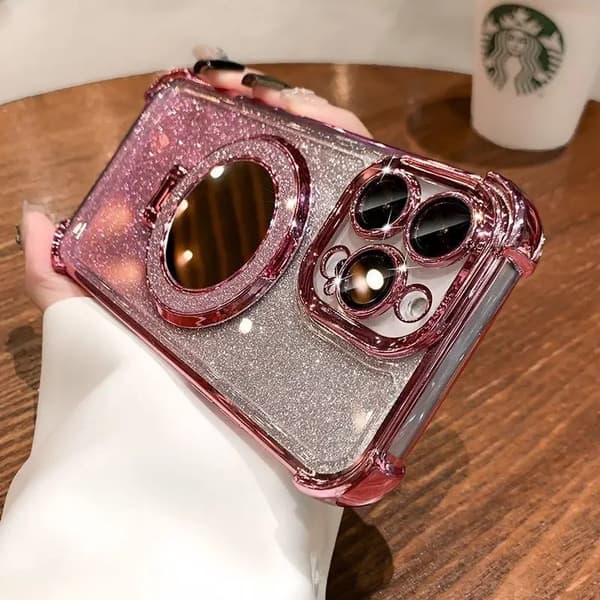 Fodral för iPhone Glitter Spegel Magnetiskt Stativ Rosa Noz32947
