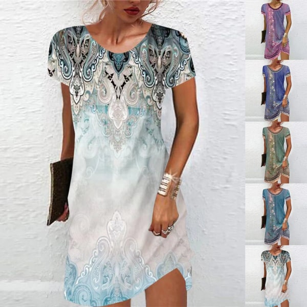 Etniskt print Casual kortärmad klänning Prinsessklänning Dream blue M