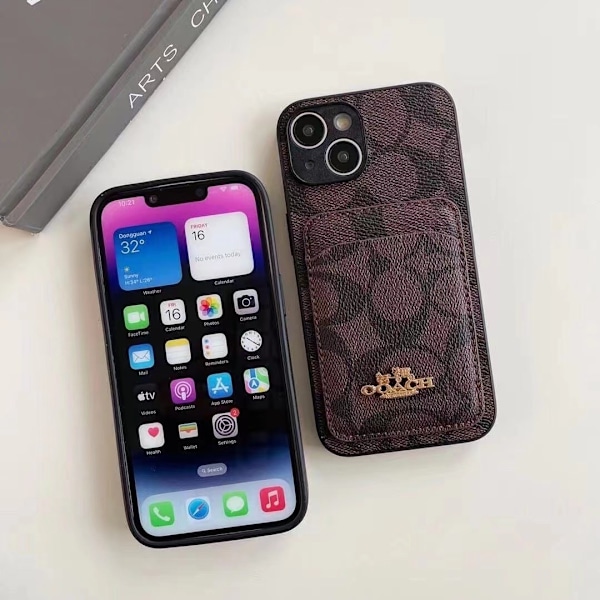 Etui til iPhone 13 mørkebrunt skinntekstur kortholder Luksus