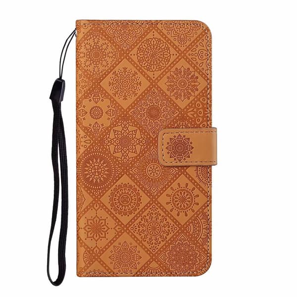 Etui til iPhone 15 brun 3D-preget etnisk lommebok med kortholder, flip-preget