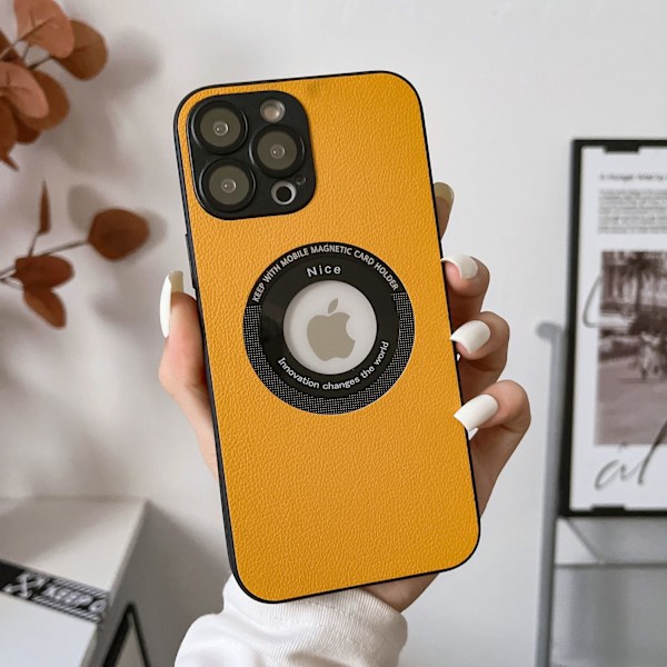 Kotelo iPhone 15PRO MAX -puhelimelle, keltainen, kivikuvioitu nahka, magneettinen, puuttuva etiketti linssissä