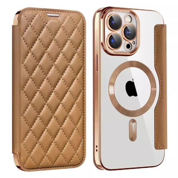 Etui til iPhone 15plus brun magnetisk flip-pung med kortholder transparent