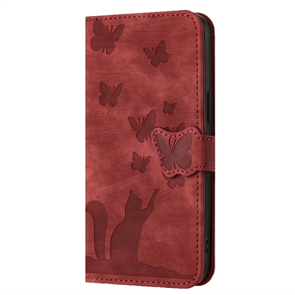 Fodral för iPhone 16PRO Burgundy-Präglat Fjäril Katt Läderfodral Fjäril Katt 3D-Präglat Flip Plånboksfodral med Korthållare