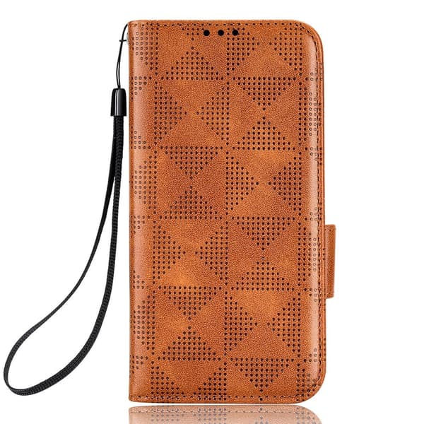 Etui til iPhone 13 Mini brun Diagonal Triangle Embossed Grid Lommebok med Kortholder Flip