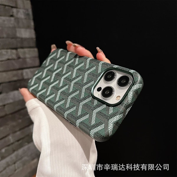 Etui til iPhone 16 plus grøn Houndstooth læder Magnetisk