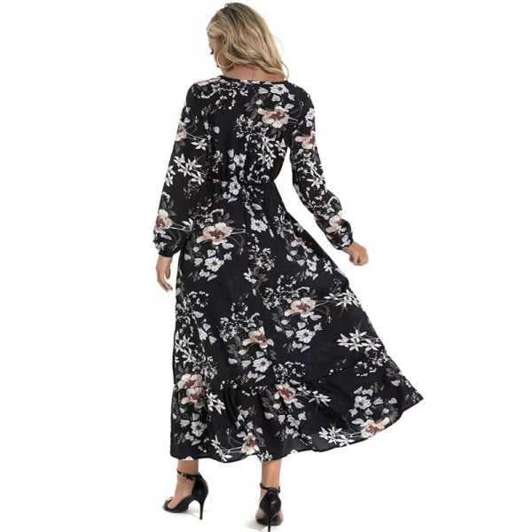 Långärmad klänning Elegant printed rundhalsad blommig klänning för kvinnor Black 2XL