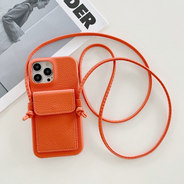 Etui til iPhone 14pro Lychee mønster øre kortholder lanyard orange Kortholder crossbody læder tekstur