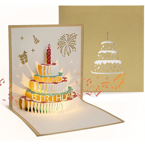 Nytt födelsedagskort med musik och ljus, 3d pop-up gratulationskort med kuvert, guld