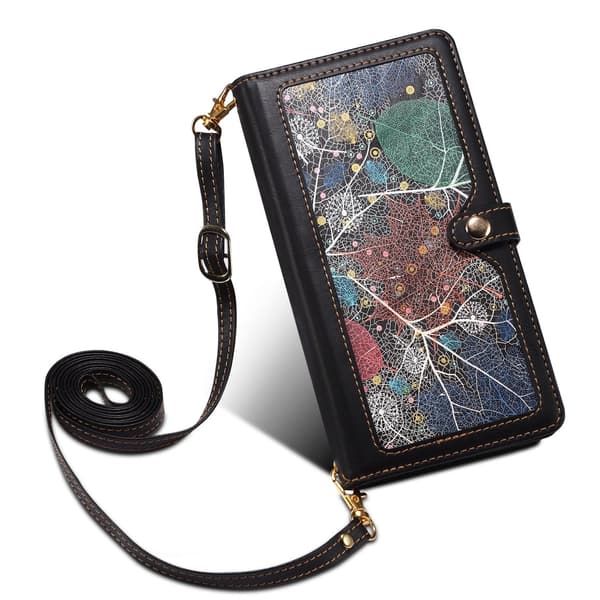 Etui til iPhone 15 Pro Max Sort + lang snor Mixed Media Flip Crossbody Multi-kort Lynlås Malet