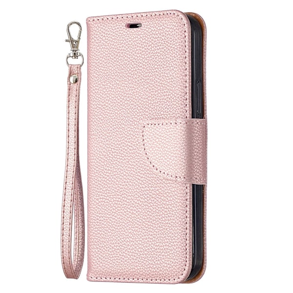 Etui til iPhone 16Pro Rose Gold Pebbled Ensfarget Flip Lommebok med Kortholder Stropp