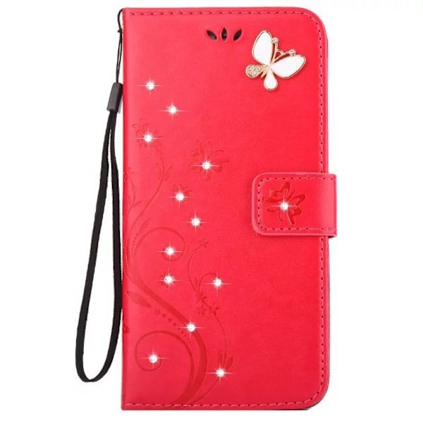 Fodral för iPhone 14 Rosröd Fjäril 3D Präglad Diamantplånbok med Korthållare