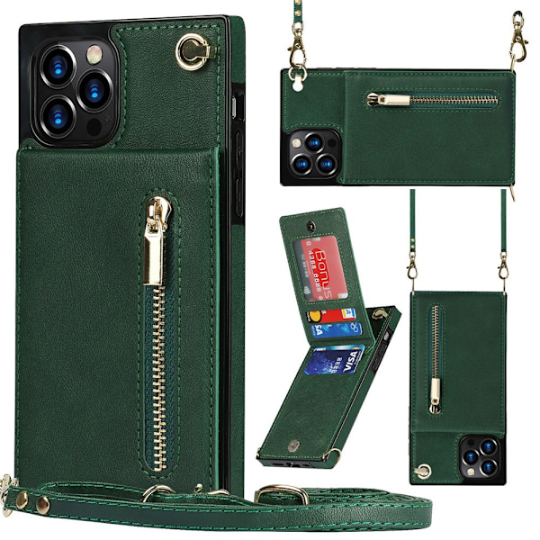 Kotelo iPhone 13PROMAX -puhelimelle, tummanvihreä Crossbody-vetoketjullinen lompakko korttipidikkeellä ja jalustalla