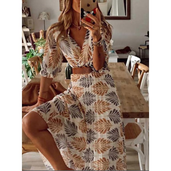 V-ringad Printed Vikbar Vacation Dress Bälte Stor Swing Dress Beige M