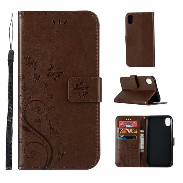 Etui til iPhone 15 Plus brun Wallet med kortholder Flip Butterfly 3D præget