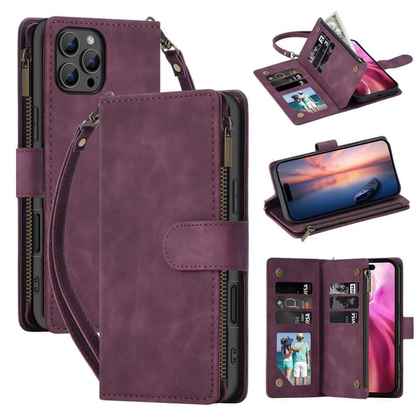 Etui til iPhone 16PROMAX Claret Soft-Touch multi-kort lynlåstaske