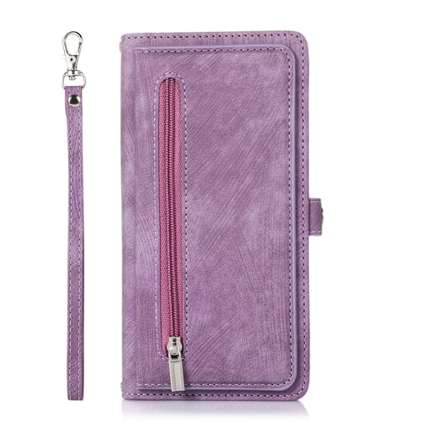 Kotelo iPhone 14max -puhelimelle, violetti rannekoru vetoketjulla, monikortti Crossbody -lompakko korttipidikkeellä, taide