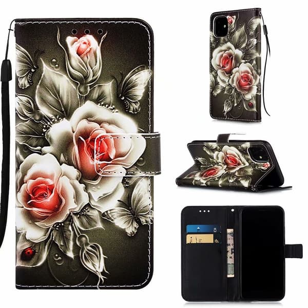 Etui til iPhone 13 MINI Sort rose Almindelig malet Wallet med kortholder Flip
