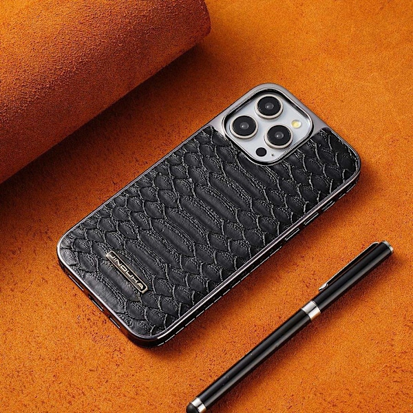 Kotelo iPhone 15 Pro 6,1 tuumalle 【Musta】 Käärmekuvio ◆ Galvanointiprosessi + suuri reikä Ylellinen nahkainen koko vartalon suoja