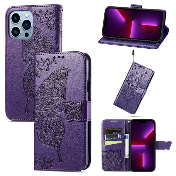 iPhone 15 -kotelo, tumman violetti, Source Flip Butterfly -lompakkokotelo korttipidikkeellä
