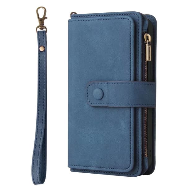 Etui til iPhone 15 PLUS blå Soft-Touch kortfølsom lynlås Wallet med kortholder