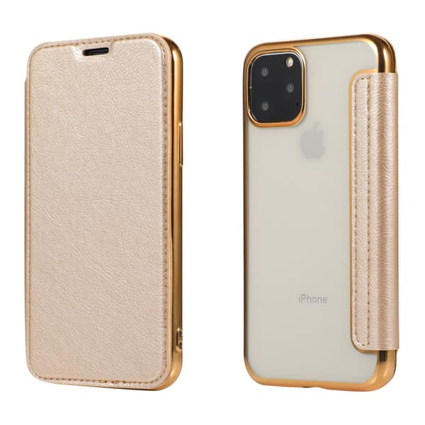 Fodral för iPhone 15PLUS guld Flip Elektroplätering Ring Transparent Plånbok med Korthållare