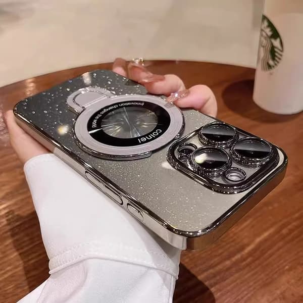 Etui til iPhone 16 Pro Glitter Klart Magnetisk Stativ Klart Grå