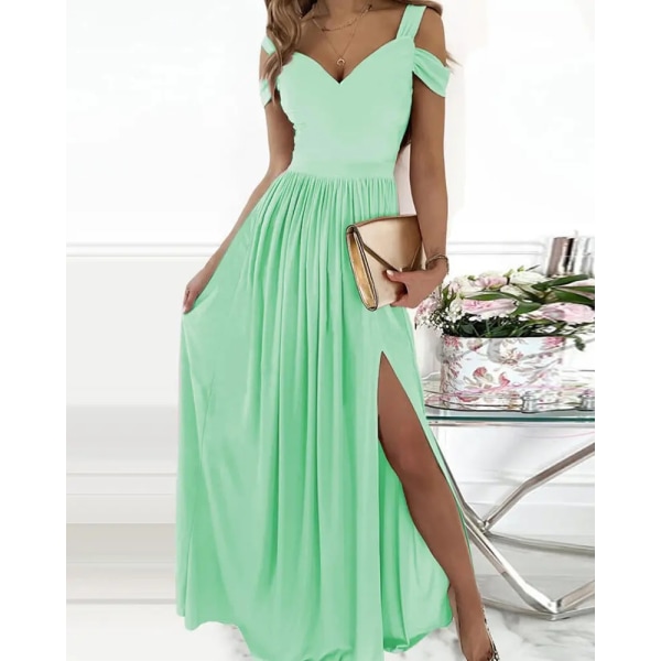 Lång klänning Printed V-ringad Elegance Ärmlös sexig slitsklänning Light green XXL