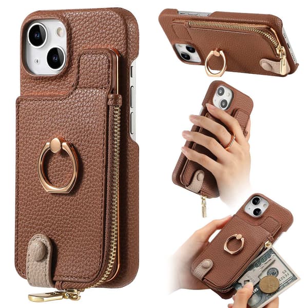 Etui til iPhone 13 Pro brun Pebbled Plain Ring Wallet med kortholder