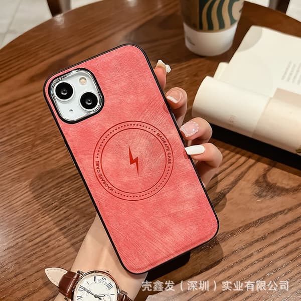 Etui til iPhone 15 pink Elektroplettering læder Magnetisk Trådløs opladning
